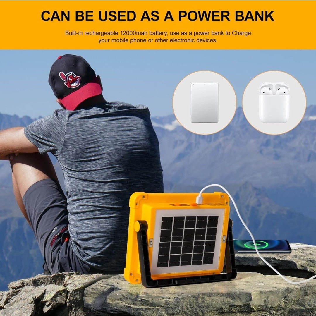 Solar LED Flood Light – 4 Panel High Power Rechargeable Outdoor Lamp with USB Mobile Charging, IP66 Waterproof, Foldable Stand & Portable Handle (1 Pc)
