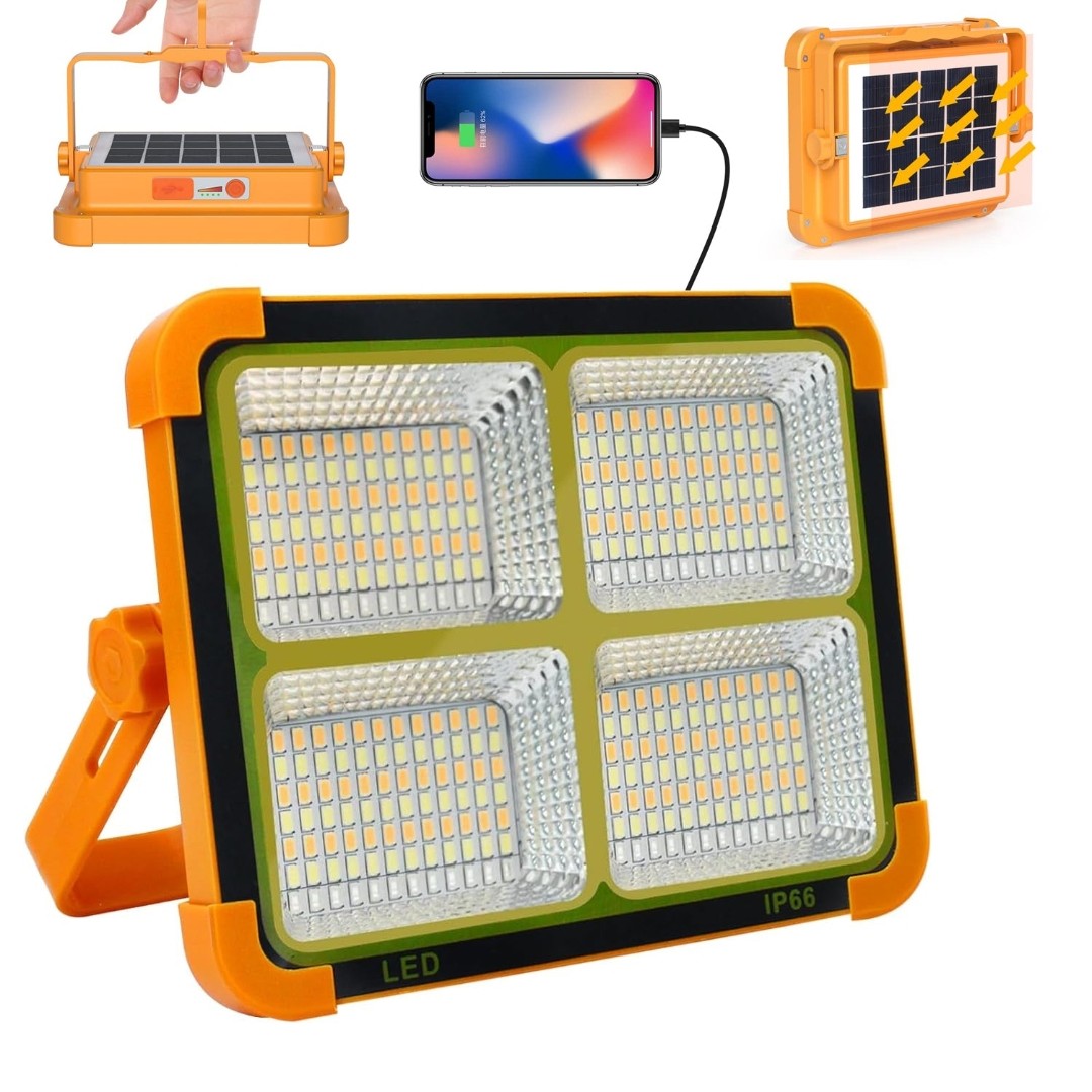 Solar LED Flood Light – 4 Panel High Power Rechargeable Outdoor Lamp with USB Mobile Charging, IP66 Waterproof, Foldable Stand & Portable Handle (1 Pc)