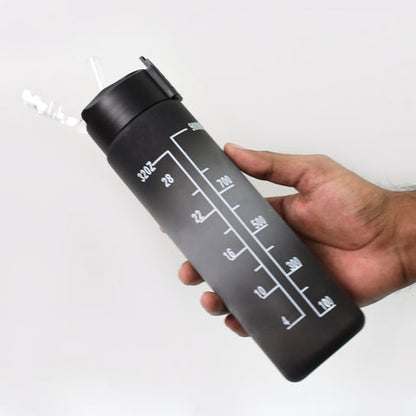 Plastic Black Motivational Water Bottle with Straw & Time Marker (900 ml)